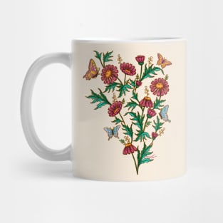 Bright bouquet of pink daisy flowers and colorful butterflies Mug